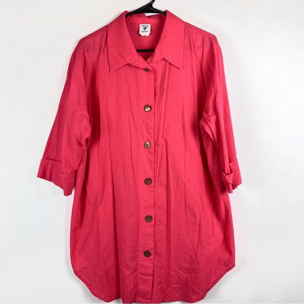 100% Cotton Long Line Button Up‎ Tunic Gauzy Lightweight Beach Vacation Large